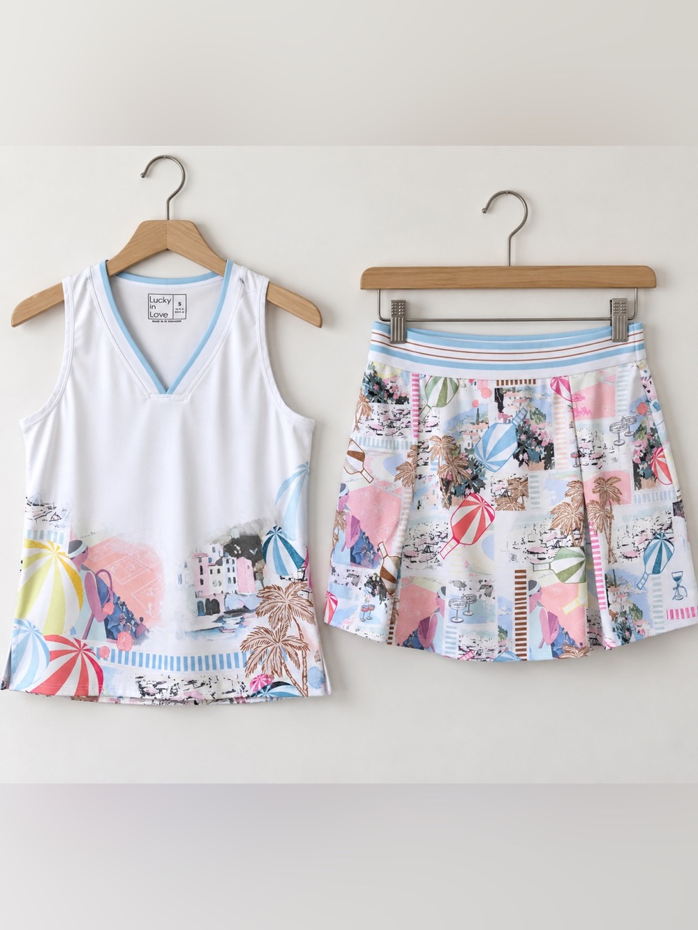 NEW Lucky In Love Tennis Outfit White Riviera Print Skirt & Top Size S (4-6)